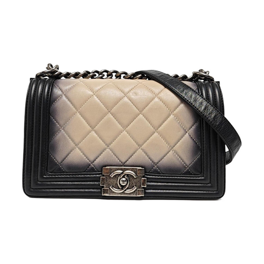 CHANEL BOY CHANEL Medium Size Beige Calfskin Quilted Cannage Crossbody Bag Palladium Hardware 19K Clasp Removable Strap-(SKU)-965756817
