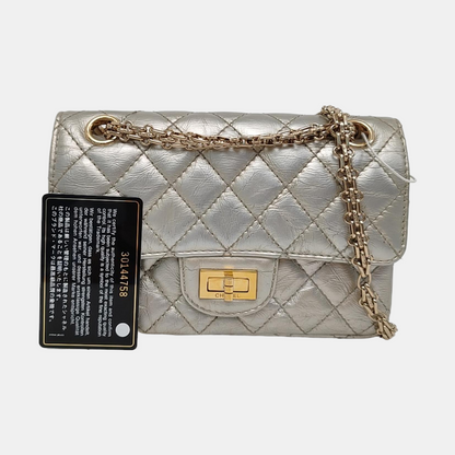 CHANEL 2.55 Small Silver Leather Quilted Chain Shoulder Bag with Gold Hardware, 30 Clasps-(SKU)-965946832