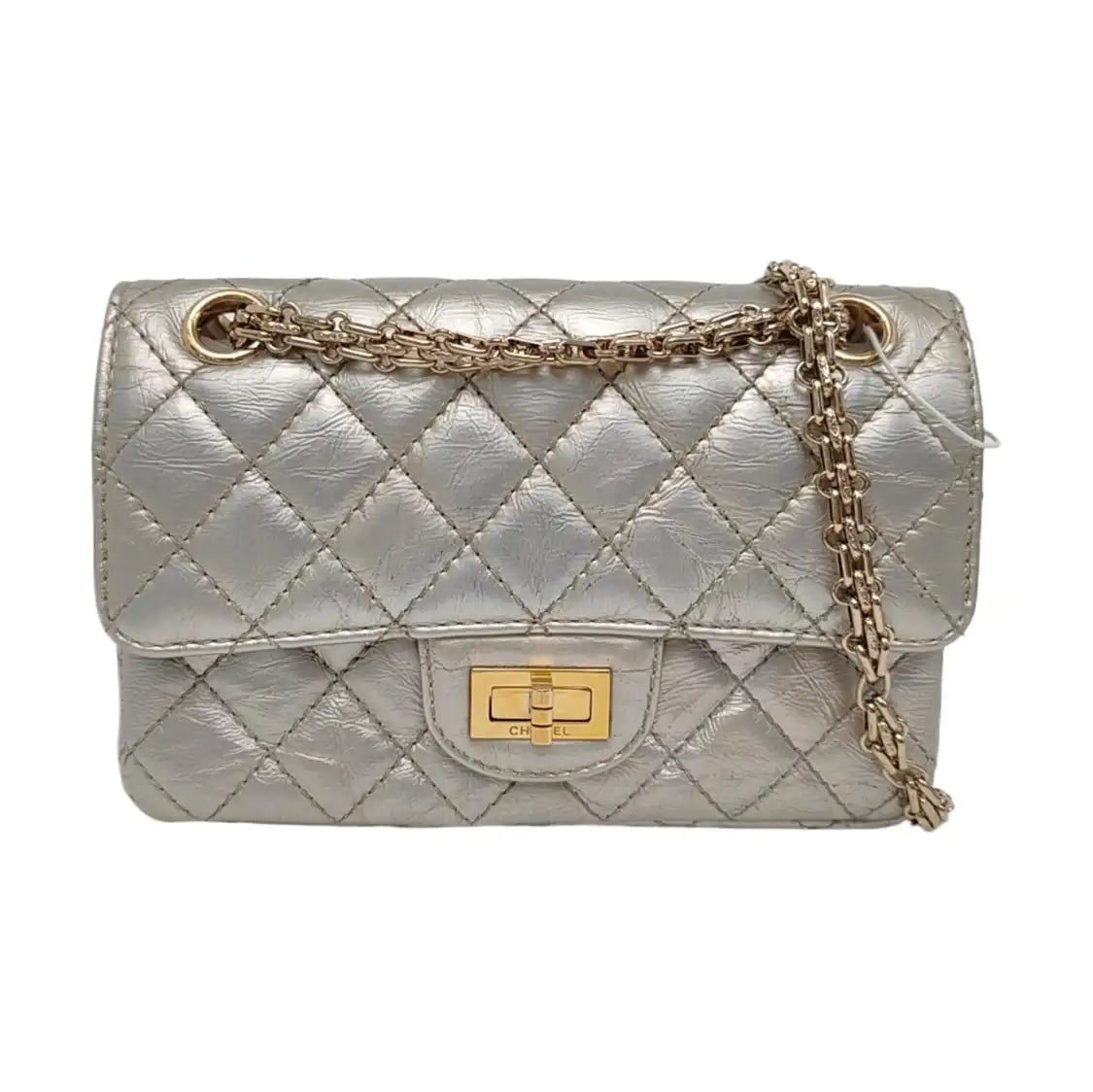CHANEL 2.55 Small Silver Leather Quilted Chain Shoulder Bag with Gold Hardware, 30 Clasps-(SKU)-965946832