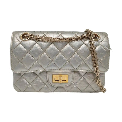 CHANEL 2.55 Small Silver Leather Quilted Chain Shoulder Bag with Gold Hardware, 30 Clasps-(SKU)-965946832