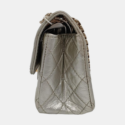 CHANEL 2.55 Small Silver Leather Quilted Chain Shoulder Bag with Gold Hardware, 30 Clasps-(SKU)-965946832