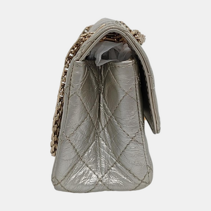 CHANEL 2.55 Small Silver Leather Quilted Chain Shoulder Bag with Gold Hardware, 30 Clasps-(SKU)-965946832