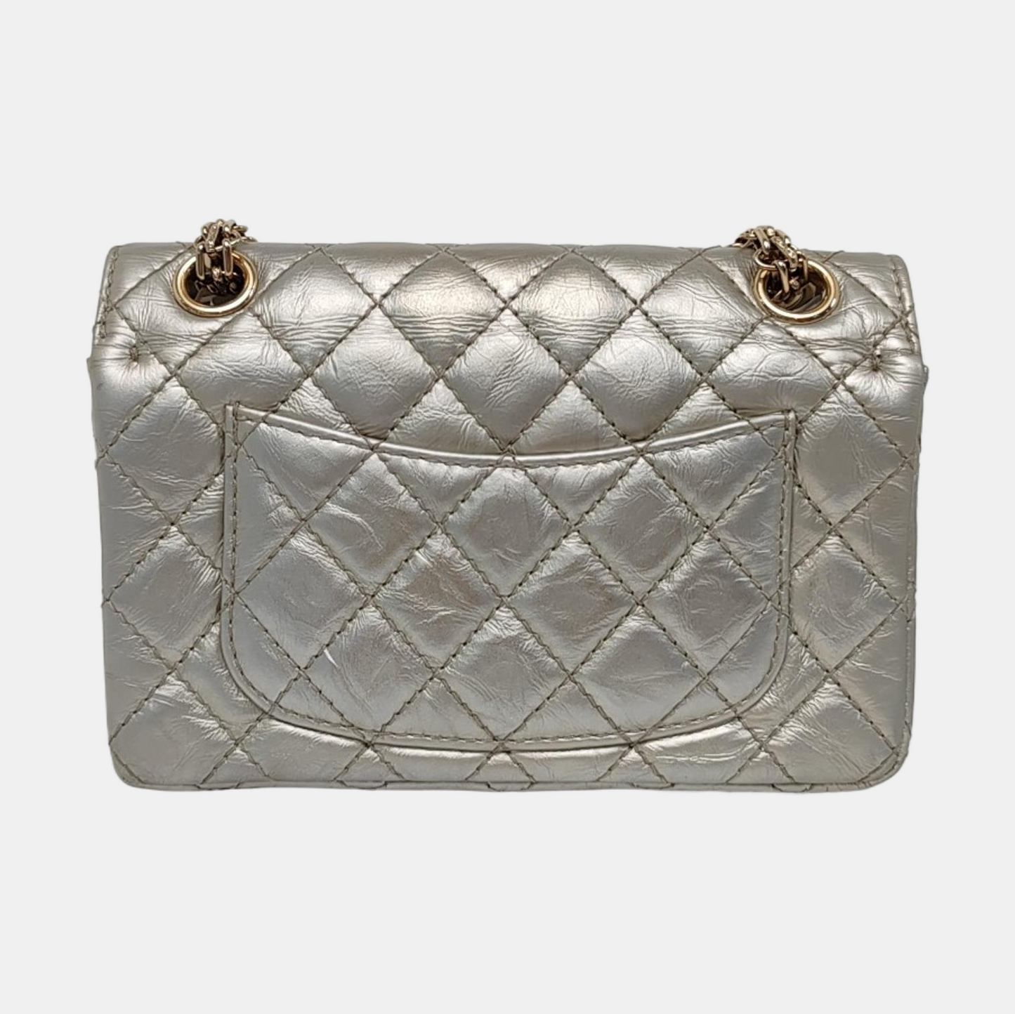 CHANEL 2.55 Small Silver Leather Quilted Chain Shoulder Bag with Gold Hardware, 30 Clasps-(SKU)-965946832