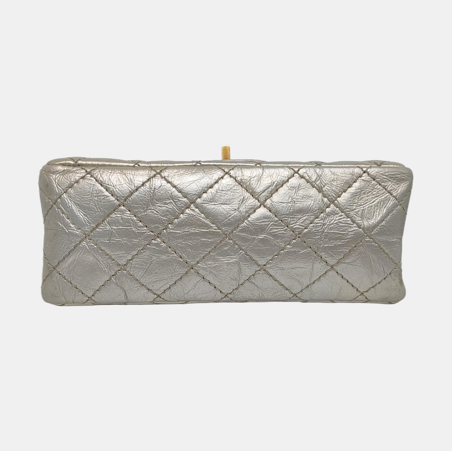CHANEL 2.55 Small Silver Leather Quilted Chain Shoulder Bag with Gold Hardware, 30 Clasps-(SKU)-965946832