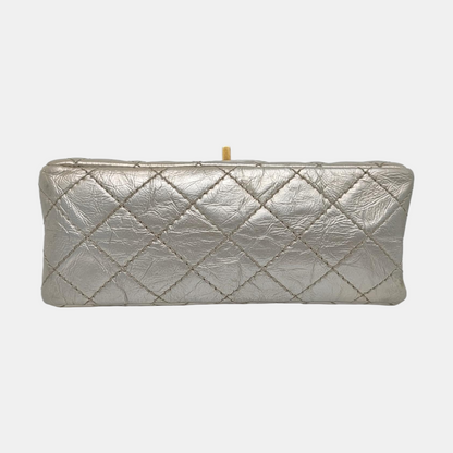 CHANEL 2.55 Small Silver Leather Quilted Chain Shoulder Bag with Gold Hardware, 30 Clasps-(SKU)-965946832