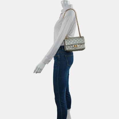 CHANEL 2.55 Small Silver Leather Quilted Chain Shoulder Bag with Gold Hardware, 30 Clasps-(SKU)-965946832