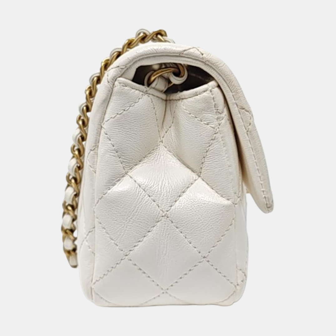 CHANEL CLASSIC FLAP Mini White Lambskin Diamond Quilted Mini Single Shoulder Bag Crossbody with Gold Hardware 30 Compartments-(SKU)-966313895