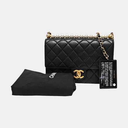 CHANEL CLASSIC VERTICAL PEARL medium black leather quilted diamond-stitched shoulder bag crossbody bag gold hardware 28 carat-(SKU)-966148569