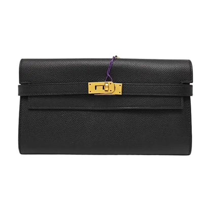 HERMÈS Kelly, black Epsom leather wallet, gold hardware, X, external stitching-(SKU)-966022168