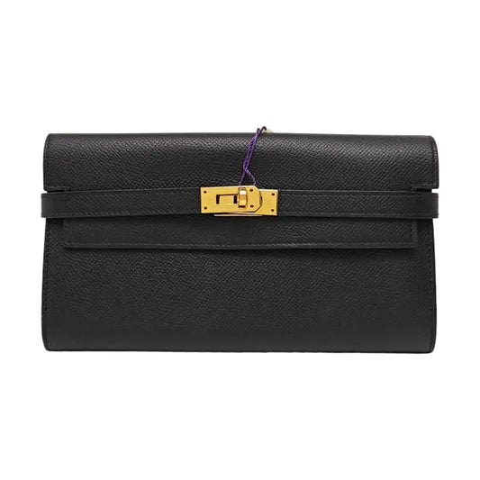 HERMÈS Kelly, black Epsom leather wallet, gold hardware, X, external stitching-(SKU)-966022168