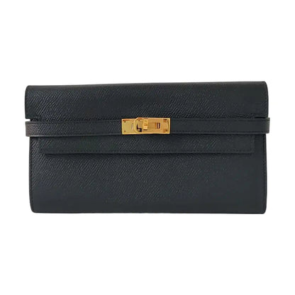 HERMÈS Kelly, black Epsom leather wallet, gold hardware, C, external stitching-(SKU)-966027449