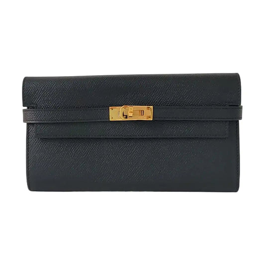 HERMÈS Kelly, black Epsom leather wallet, gold hardware, C, external stitching-(SKU)-966027449