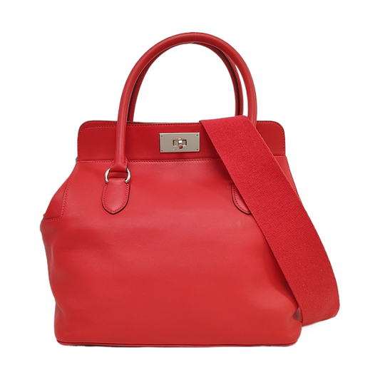 HERMÈS Toolbox 26 Peony Red Evercolor Leather Shoulder Bag Tote Crossbody Bag with Silver Hardware and Removable Strap-(SKU)-966025758