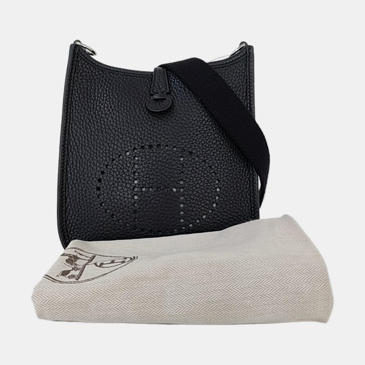 HERMÈS Evelyne TPM Black Clemence Leather Cutout Evelyne Single Shoulder Bag Crossbody Bag with Silver Hardware and B, Detachable Shoulder Strap-(SKU)-966183843