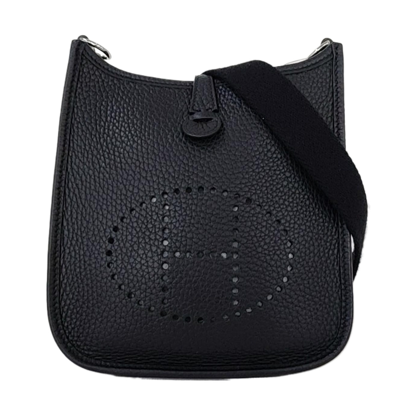 HERMÈS Evelyne TPM Black Clemence Leather Cutout Evelyne Single Shoulder Bag Crossbody Bag with Silver Hardware and B, Detachable Shoulder Strap-(SKU)-966183843
