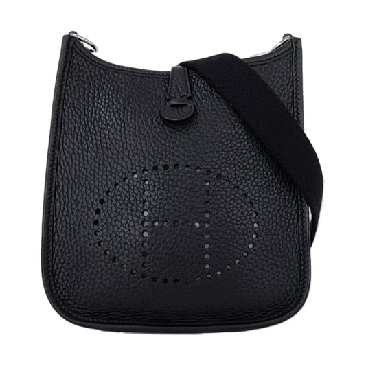 HERMÈS Evelyne TPM Black Clemence Leather Cutout Evelyne Single Shoulder Bag Crossbody Bag with Silver Hardware and B, Detachable Shoulder Strap-(SKU)-966183843