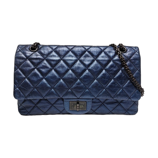 CHANEL 2.55 Maxi Super Large Blue Lamb Leather Quilted Single Shoulder Bag Crossbody Bag Black Hardware 12 Clasp-(SKU)-966137551