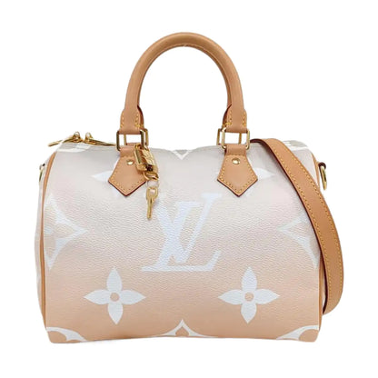 LOUIS VUITTON SPEEDY 25 Apricot Coated Canvas Monogram Boston Bag Crossbody Shoulder Bag Sling Bag Gold Hardware Removable Strap-(SKU)-966306209
