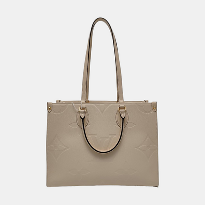 LOUIS VUITTON ONTHEGO Medium-sized Beige Leather Monogram Embossed Jungle Bag Shoulder Bag Tote Bag Golden Hardware-(SKU)-966297097