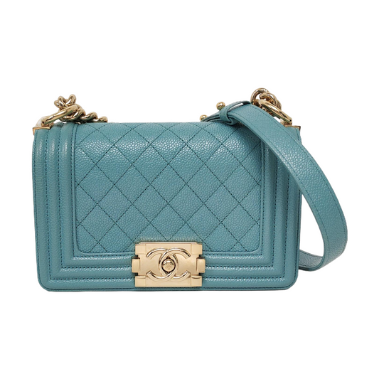 CHANEL BOY CHANEL Small Light Blue Lamb Skin Quilted Cannage Shoulder Bag with Detachable Strap, Gold Hardware, 29 Clasp-(SKU)-966458457