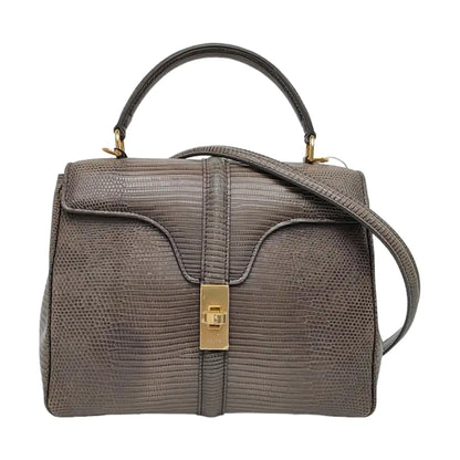 CELINE 16 Small Size Grey Lizard Skin Crossbody Shoulder Bag with Gold Hardware, Detachable Strap, Complete Accessories-(SKU)-966431025