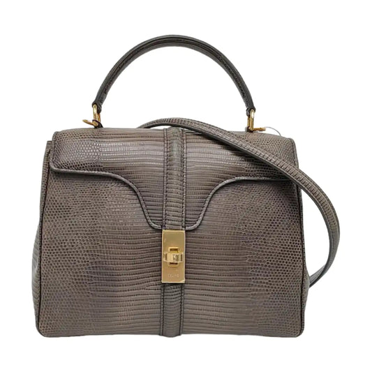 CELINE 16 Small Size Grey Lizard Skin Crossbody Shoulder Bag with Gold Hardware, Detachable Strap, Complete Accessories-(SKU)-966431025