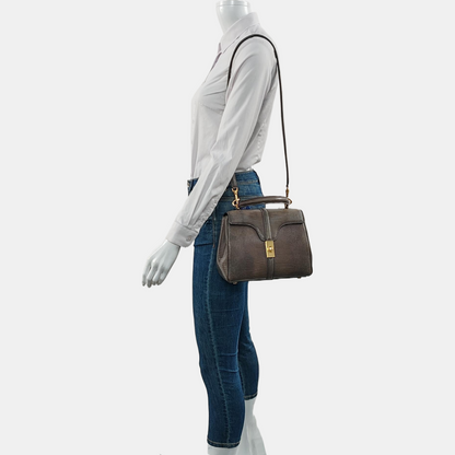 CELINE 16 Small Size Grey Lizard Skin Crossbody Shoulder Bag with Gold Hardware, Detachable Strap, Complete Accessories-(SKU)-966431025