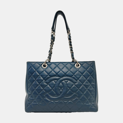 CHANEL CHANEL GST Large Blue Calfskin Quilted Matelassé Shoulder Bag Silver Hardware 17 Clasp-(SKU)-966451937