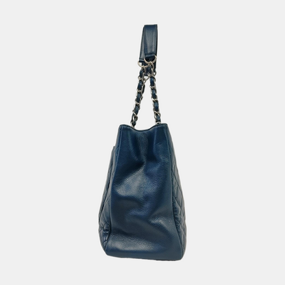 CHANEL CHANEL GST Large Blue Calfskin Quilted Matelassé Shoulder Bag Silver Hardware 17 Clasp-(SKU)-966451937