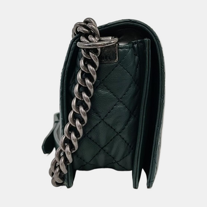 CHANEL BOY CHANEL Medium Dark Green Calfskin Leather Diamond Quilted Monogram Crossbody Shoulder Bag Rhodium Hardware 18 Clasp Removable Shoulder Strap-(SKU)-966239983