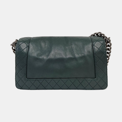 CHANEL BOY CHANEL Medium Dark Green Calfskin Leather Diamond Quilted Monogram Crossbody Shoulder Bag Rhodium Hardware 18 Clasp Removable Shoulder Strap-(SKU)-966239983