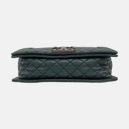 CHANEL BOY CHANEL Medium Dark Green Calfskin Leather Diamond Quilted Monogram Crossbody Shoulder Bag Rhodium Hardware 18 Clasp Removable Shoulder Strap-(SKU)-966239983