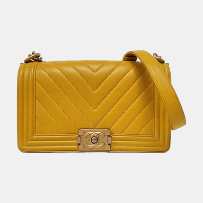 CHANEL BOY CHANEL Medium Yellow Lamb Skin Quilted V Crossbody Bag Shoulder Bag Golden Hardware 24 Clasp Removable Shoulder Strap-(SKU)-966291134