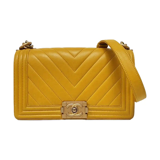 CHANEL BOY CHANEL Medium Yellow Lamb Skin Quilted V Crossbody Bag Shoulder Bag Golden Hardware 24 Clasp Removable Shoulder Strap-(SKU)-966291134