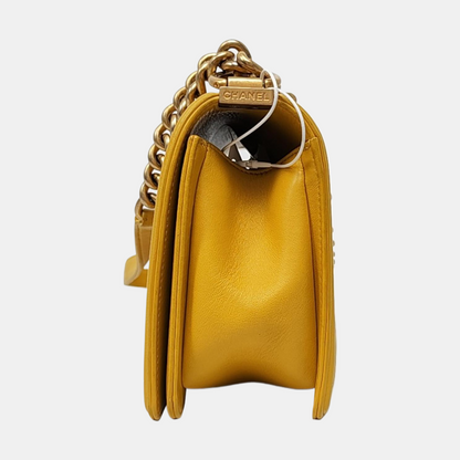 CHANEL BOY CHANEL Medium Yellow Lamb Skin Quilted V Crossbody Bag Shoulder Bag Golden Hardware 24 Clasp Removable Shoulder Strap-(SKU)-966291134