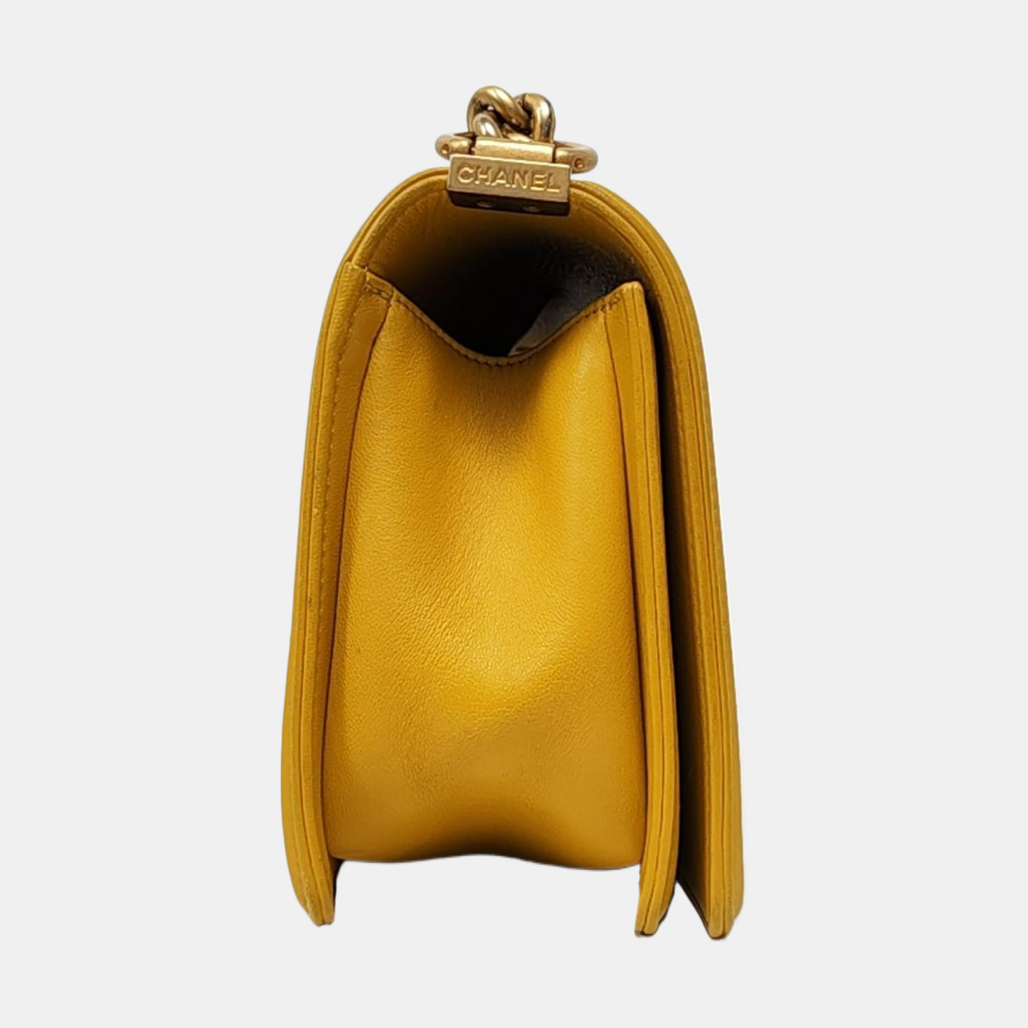 CHANEL BOY CHANEL Medium Yellow Lamb Skin Quilted V Crossbody Bag Shoulder Bag Golden Hardware 24 Clasp Removable Shoulder Strap-(SKU)-966291134
