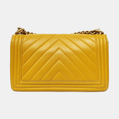 CHANEL BOY CHANEL Medium Yellow Lamb Skin Quilted V Crossbody Bag Shoulder Bag Golden Hardware 24 Clasp Removable Shoulder Strap-(SKU)-966291134