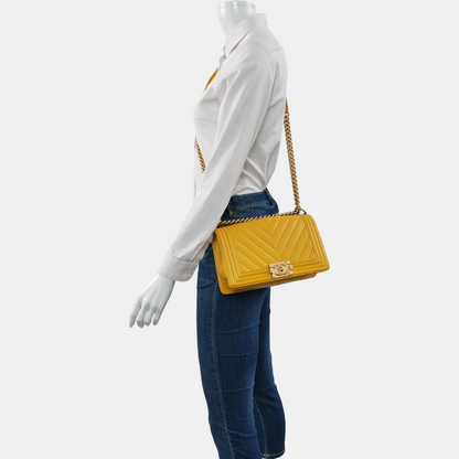 CHANEL BOY CHANEL Medium Yellow Lamb Skin Quilted V Crossbody Bag Shoulder Bag Golden Hardware 24 Clasp Removable Shoulder Strap-(SKU)-966291134