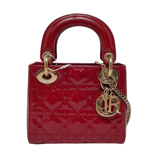 DIOR Lady Dior Mini Red Patent Lambskin Quilted Cannage Three Shoulder Bag, Crossbody Bag, Handbag with Detachable Strap-(SKU)-966772518