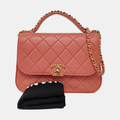 CHANEL CHAIN INFINITY TOP HANDLE Pink Leather Quilted Chain Bag Single Shoulder Bag, Handbag, Crossbody Bag, Gold Hardware, 28 Clasp-(SKU)-966446477