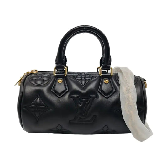 LOUIS VUITTON PAPILLON BB Black Leather Monogram Quilted Boston Bag Single Shoulder Bag, Handbag, Crossbody Bag, Gold Hardware, 2 Detachable Shoulder Straps-(SKU)-966453968
