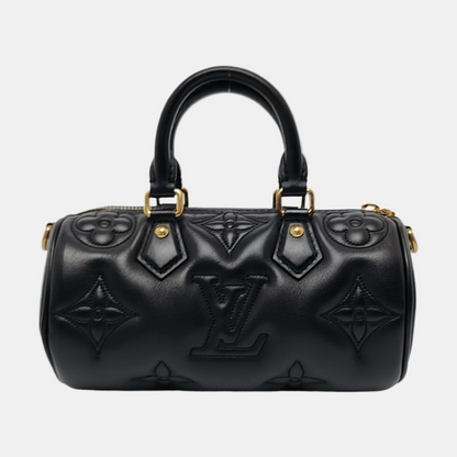 LOUIS VUITTON PAPILLON BB Black Leather Monogram Quilted Boston Bag Single Shoulder Bag, Handbag, Crossbody Bag, Gold Hardware, 2 Detachable Shoulder Straps-(SKU)-966453968