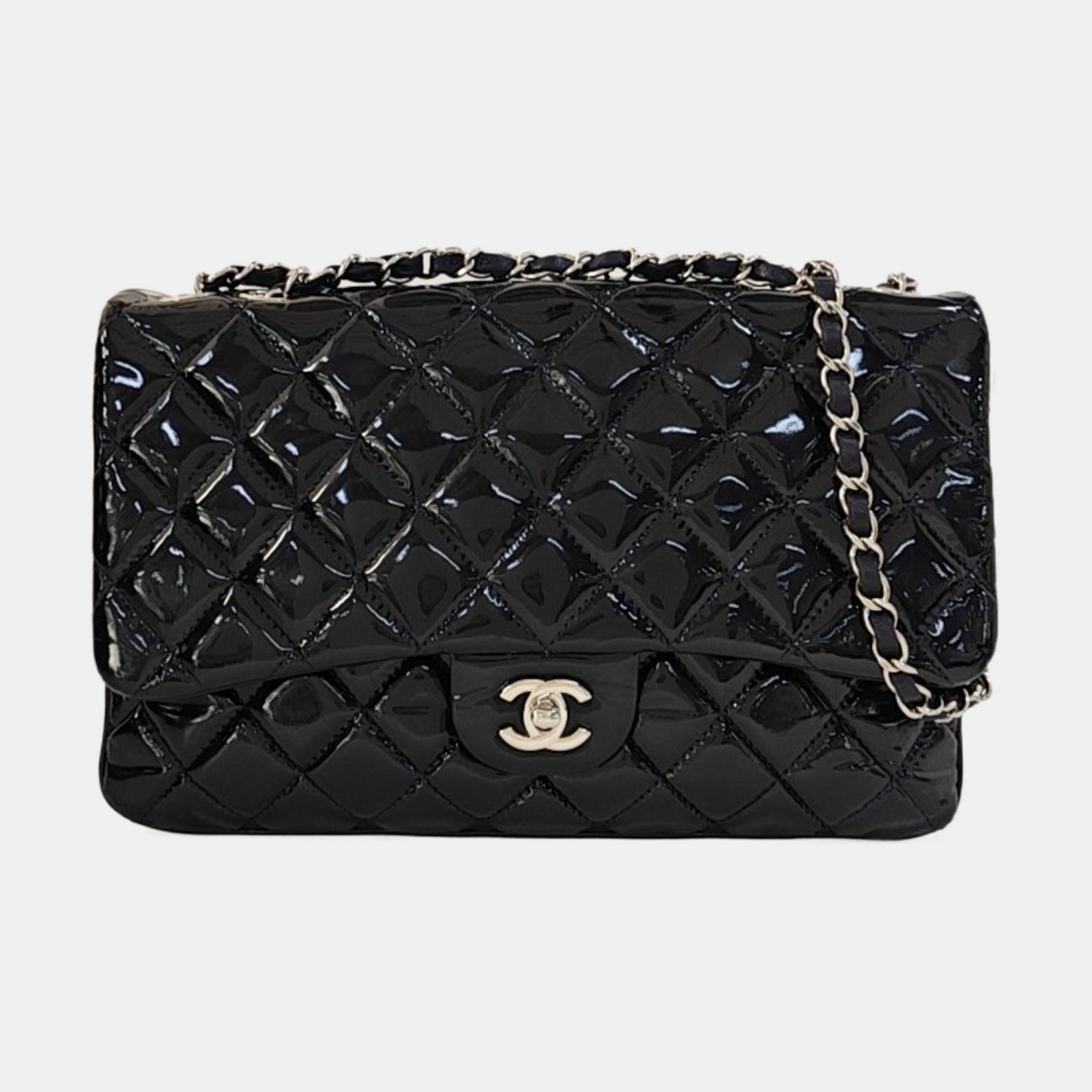 CHANEL CLASSIC FLAP Deep Blue Patent Leather Quilted Bag with Silver Hardware, 19-(SKU)-966563538