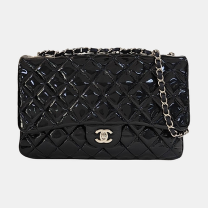 CHANEL CLASSIC FLAP Deep Blue Patent Leather Quilted Bag with Silver Hardware, 19-(SKU)-966563538