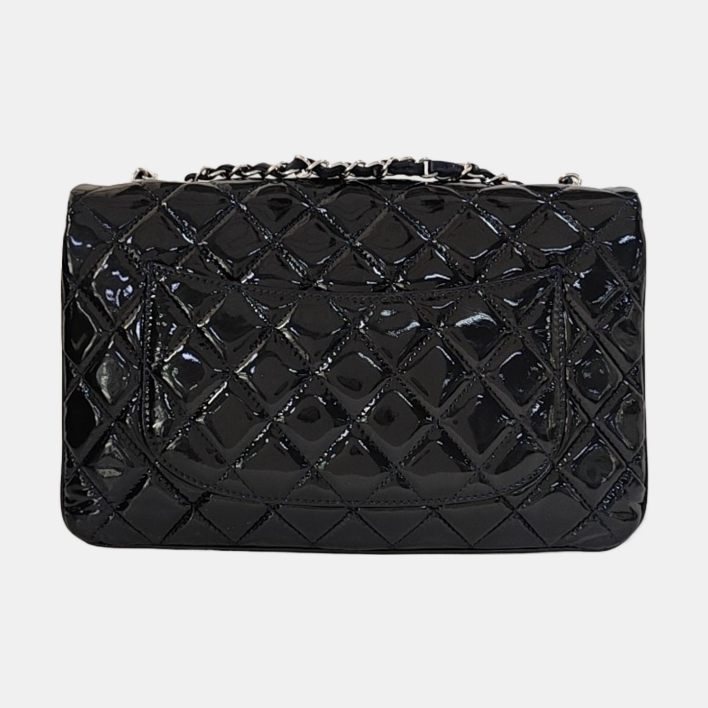 CHANEL CLASSIC FLAP Deep Blue Patent Leather Quilted Bag with Silver Hardware, 19-(SKU)-966563538