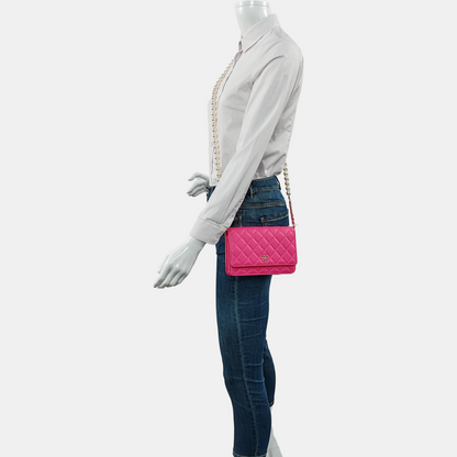 CHANEL WOC Pink Lamb Skin Quilted Single Shoulder Bag Crossbody Bag Golden Hardware-(SKU)-966775243