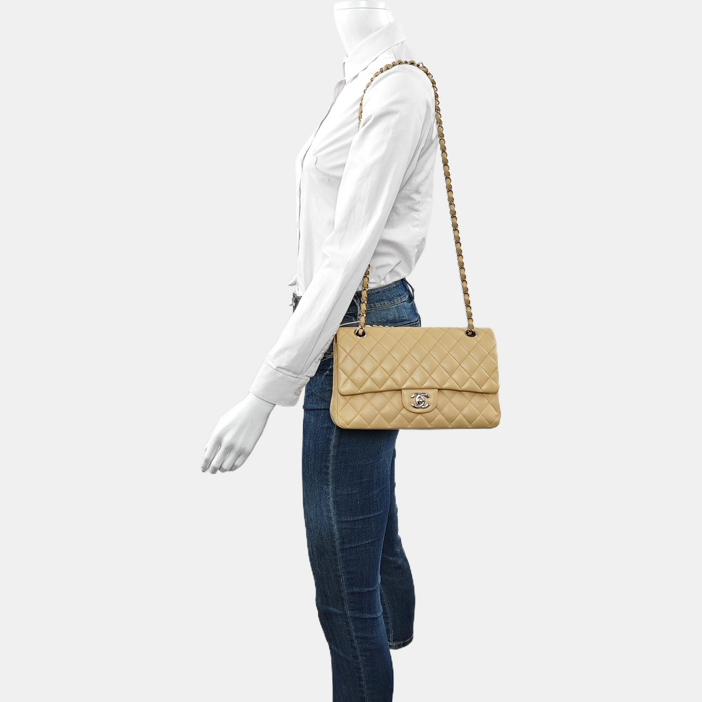 CHANEL CLASSIC FLAP Medium Beige Lamb Leather Quilted Shoulder Bag with Removable Strap-(SKU)-966780934