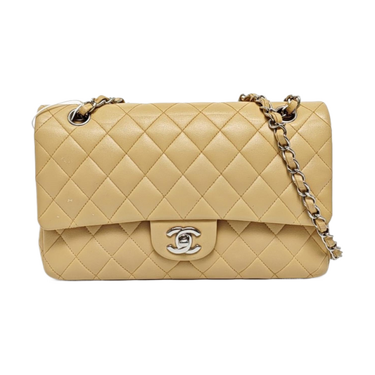 CHANEL CLASSIC FLAP Medium Beige Lamb Leather Quilted Shoulder Bag with Removable Strap-(SKU)-966780934