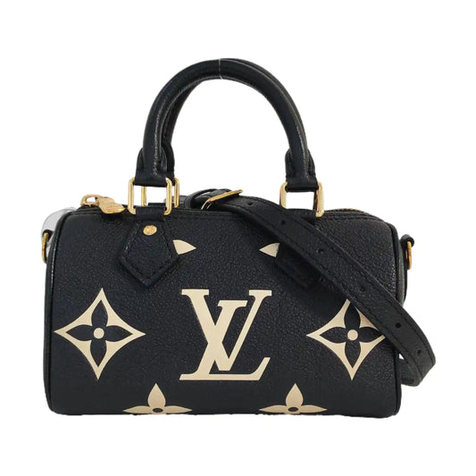 LOUIS VUITTON SPEEDY Nano Black Calfskin Monogram Embossed Boston Bag Shoulder Bag Tote Bag Crossbody Bag Gold Hardware Removable Strap-(SKU)-966570121