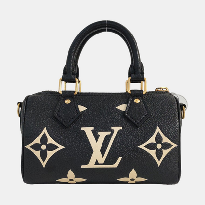 LOUIS VUITTON SPEEDY Nano Black Calfskin Monogram Embossed Boston Bag Shoulder Bag Tote Bag Crossbody Bag Gold Hardware Removable Strap-(SKU)-966570121